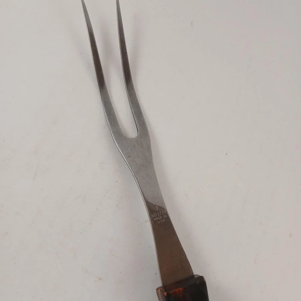 CUTCO Carving Meat Fork Two Tines Orange Brown Swirl Plastic Handle Vintage